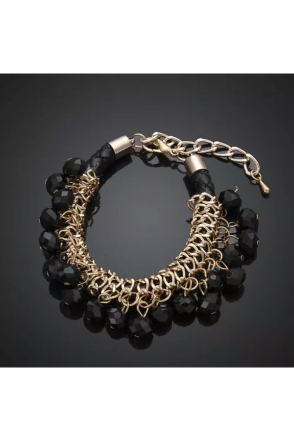 Unisex PU Leather Gold Beads Charm Bracelet L73-Black