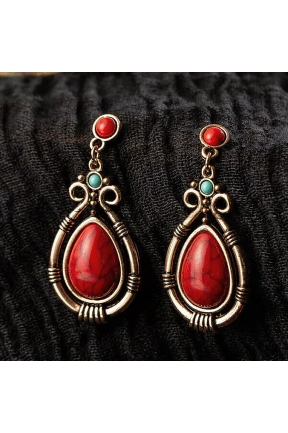 Vintage 925 Silver Drop Earrings for Women Turquoise Wedding Jewelry A Pair/set-Red