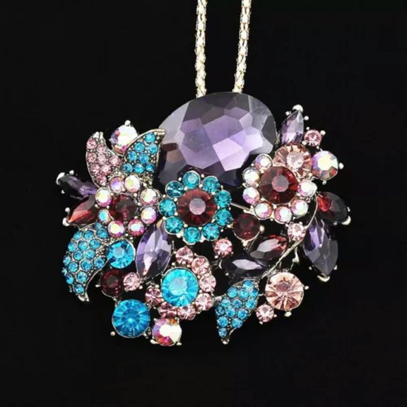 QQTDFG Vintage Flower Leaf Multicolor Rhinestone Crystal Pendant Necklaces/Brooch Pin-Purple