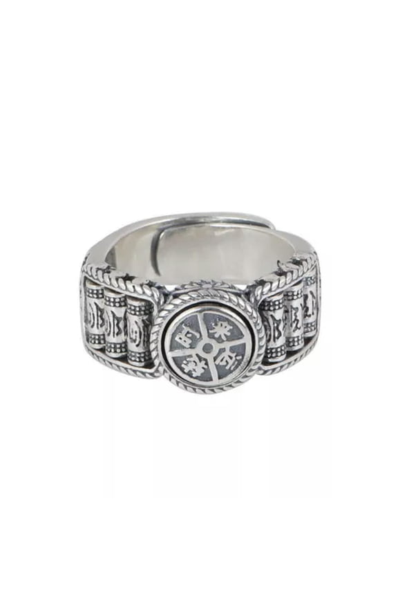 Vintage Sterling Silver 925 Prayer Wheel of Fortune Mantra Band Ring A3271-8