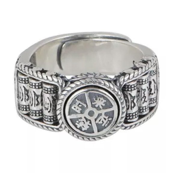QQTDFG Vintage Sterling Silver 925 Prayer Wheel of Fortune Mantra Band Ring A3271-9