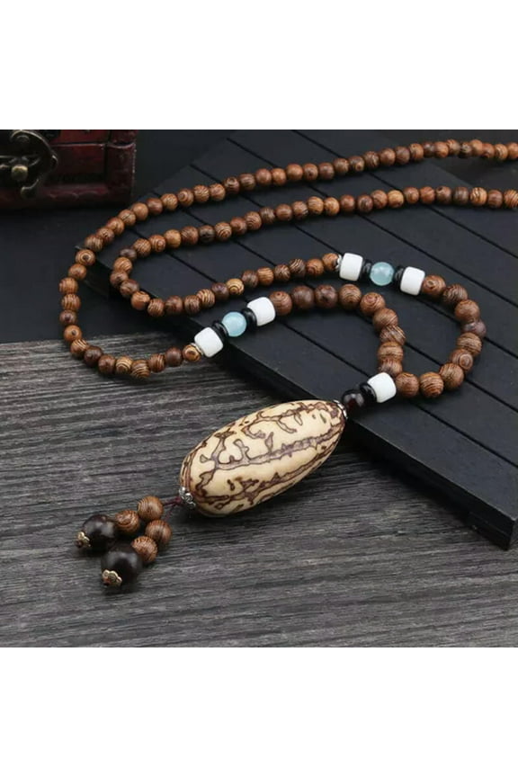 Vintage Wooden Beaded Pendant Necklace Long Sweater Chain Boho Carved Jewelry-#1