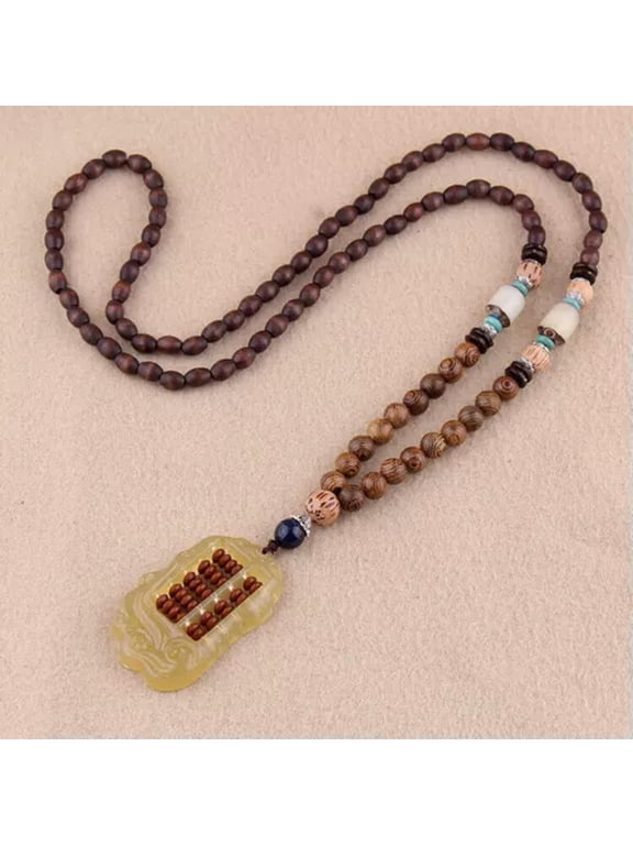 Vintage Wooden Beaded Pendant Necklace Long Sweater Chain Boho Carved Jewelry-#5