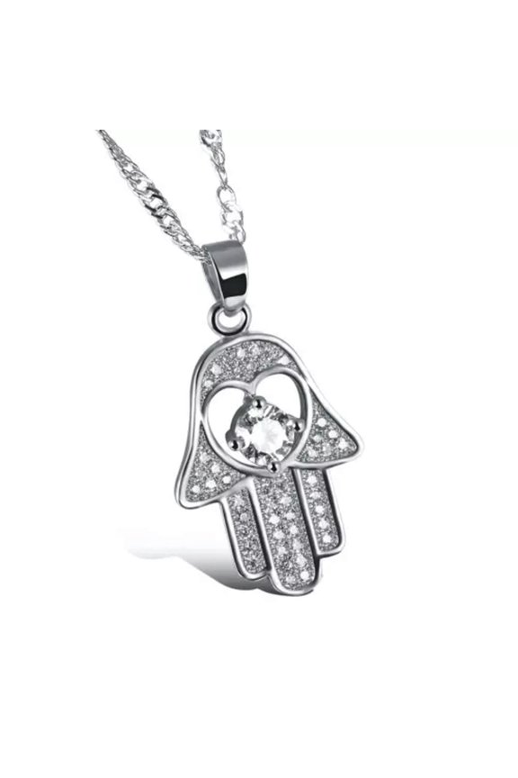 White Gold Plated Necklace Pendant Hamsa Hand Evil Eye Good Luck Zirconia G167-18K White Gold Plated
