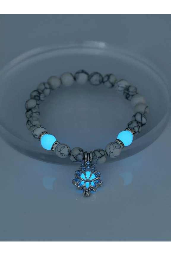 White Marble Pattern Glow In The Dark Flower Charm Beaded Bracelet Boho Crafted-default