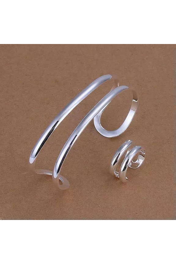 Wholesale 925Sterling Silver Two Lines Women Cuff Bracelet Rings Set YS233-default