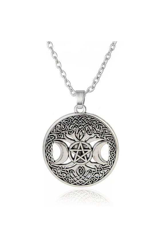 Wicca Triple Moon Goddess Pentacle Tree of Life Pagan Pendant Necklace Jewelry-default