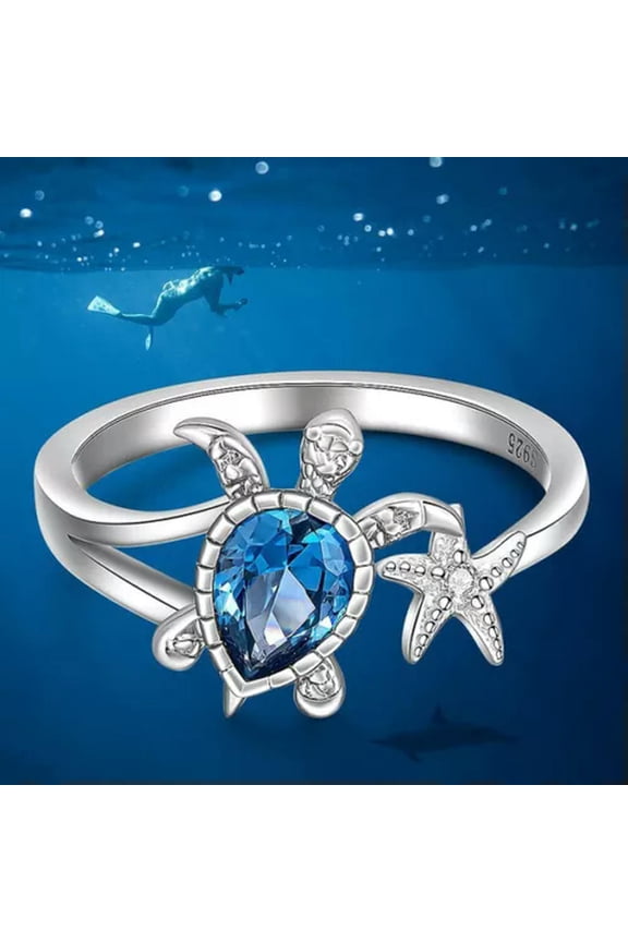 Women 925 Silver Blue Turtle Starfish Cubic Zirconia Open Rings Party Jewelry-Blue-Adjustable