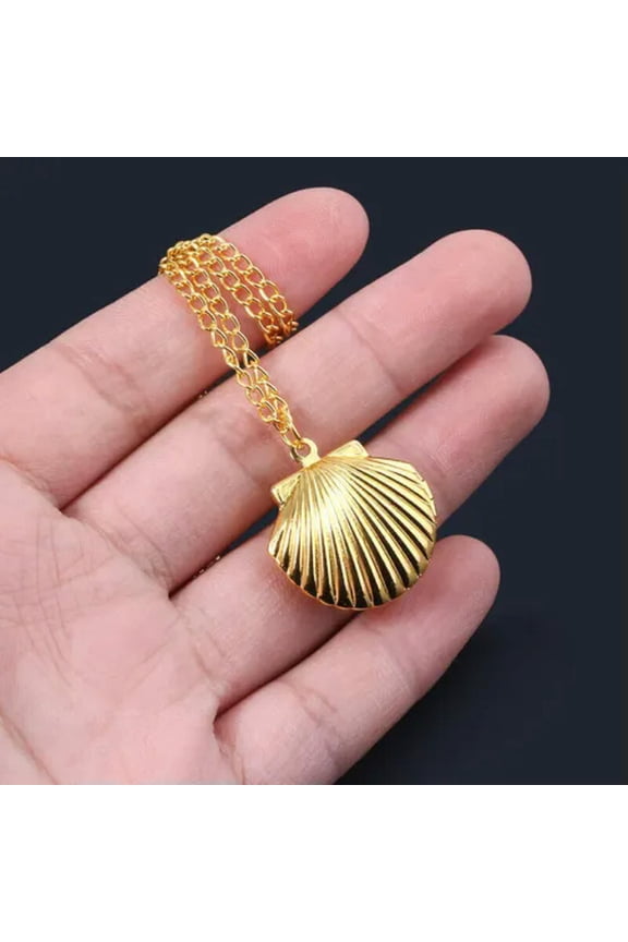 Women Beach Little Photo Locket Mermaid Sweater Chain Jewelry Necklace Sea Shell-Gold