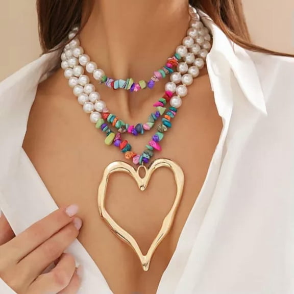 QQTDFG Women Imitation Pearl Necklace Large Heart Bead String Fashion Necklace-B