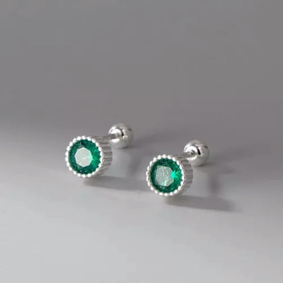 QQTDFG Women Jewelry Sterling Silver Solitaire Round CZ Screw Back Stud Earrings A1021-Green