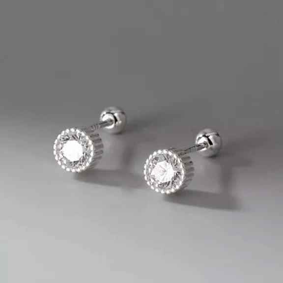 QQTDFG Women Jewelry Sterling Silver Solitaire Round CZ Screw Back Stud Earrings A1021-White