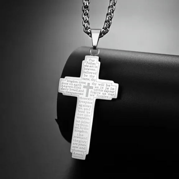 QQTDFG Women Men Cross Pendant Necklace Stainless Steel Lord's Prayer Bible Jesus Chain-Silver
