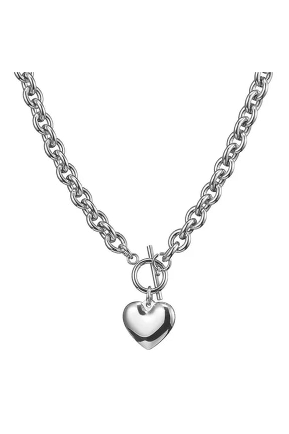 Women Men Silver Gold Stainless Steel Oval Chain Bangle Necklacec Heart Pendant-7 inch bracelet-8mm wide-Silver