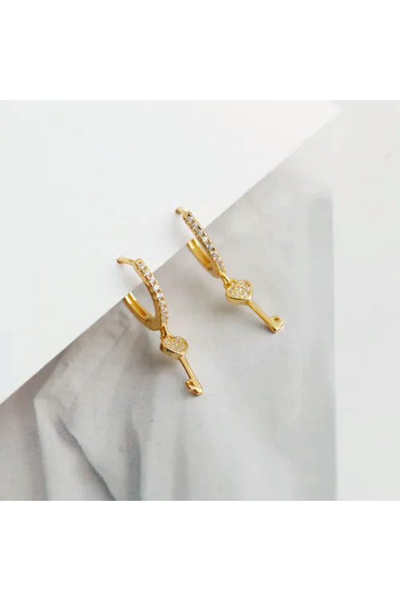 Women Sterling Silver Key Cz Huggie Hoop Dangle Drop Earrings A4557-Gold