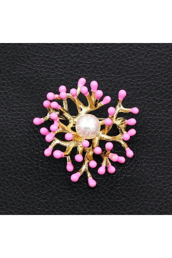 Women's Gold Plated Large Pink Enamel Coral Branch Faux Pearl Vintage Brooch Pin-default