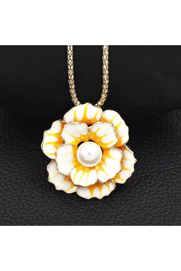 Women's Jewelry Enamel Pearl Peony Flower Pendant Necklace/Brooch Pin Gift-default