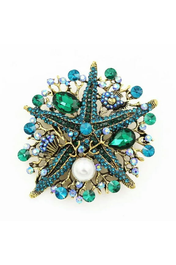 Womens Crystal Rhinestone Large Starfish Coral Fish Retro Brooch Pin Party Gift-Blue & Green
