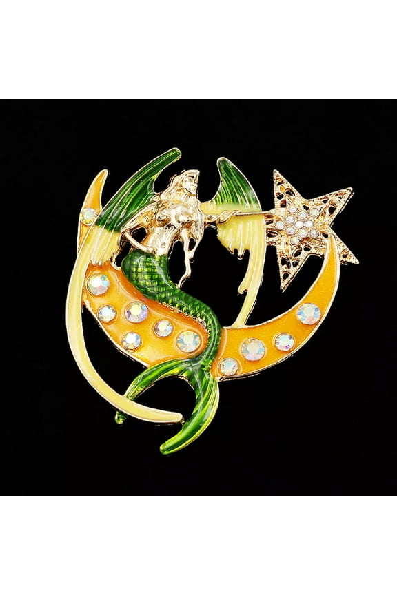 Womens Jewelry Enamel Crystal Rhinestone Moon Mermaid Catch Star Brooch Pin Gift-default
