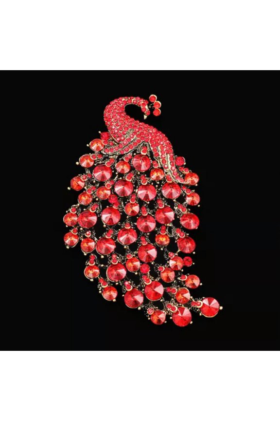 Womens Jewelry Luxuriant Womens Big Crystal Rhinestone Peacock Animal Brooch Pin-Red