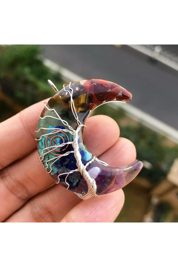 Yoga 7 Charka Stone Tree Of Life Moon Pendant Energy Reiki Healing Amulet-default