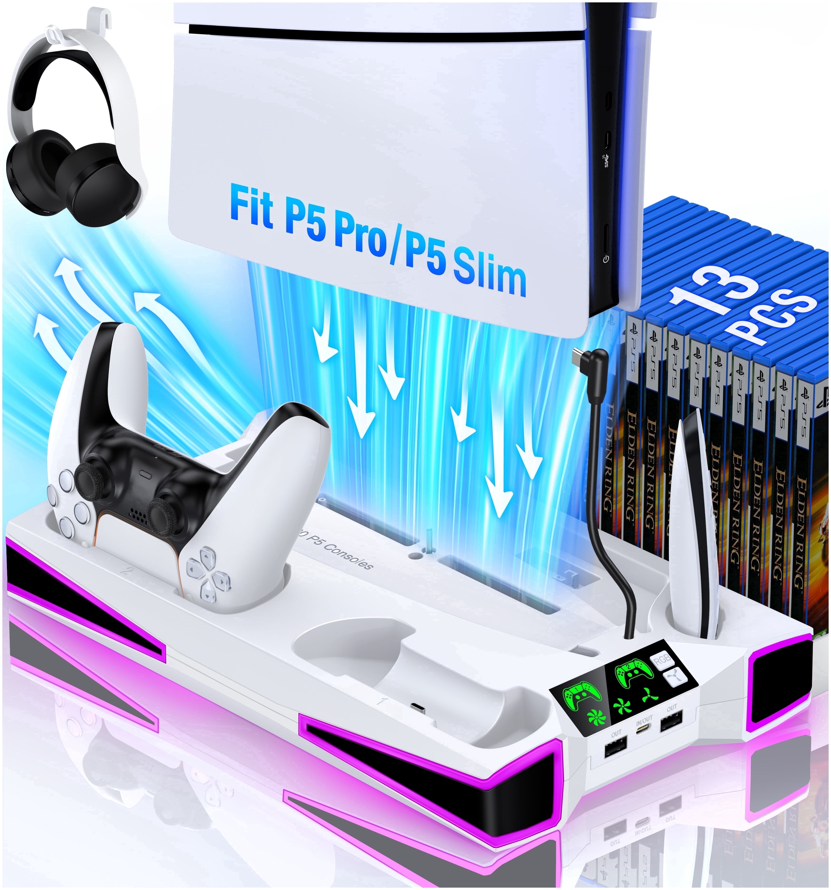 PS5 Stand Cooling Station with Dual PS5 Charging Dock, QQV PS5 Accessories Cooling Fan for PS5 Pro, Slim,Disc, Digital