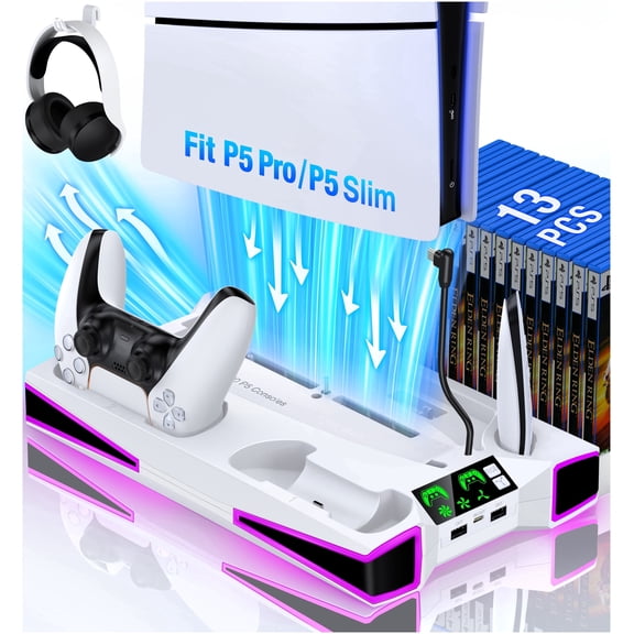 QQV PS5 Cooling Stand with Fan for PlayStation 5 Console, Controller Charging Dock, Compatible with PS5 Disc, Digital, Slim & Pro, White