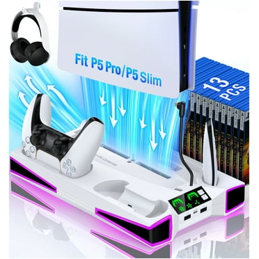 QQV PS5 Stand Cooling Station for PS5 Slim, PS5 Accessories with Dual Controller Charging Station for PS5 Disc/PS5 Digital Console- 3 Levels Adjustable Fan, White