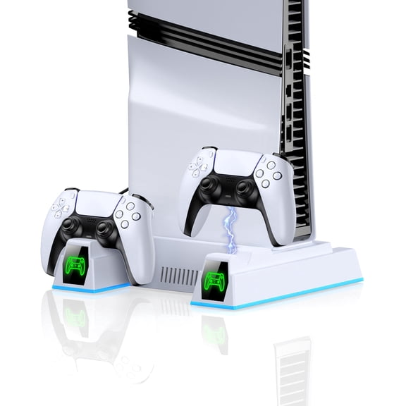 QQV PS5 Stand Cooling Station for PS5 Pro & PS5 Slim, PS5 Accessories with Dual Controller Charging Station for PS5 Disc/PS5 Digital Console- 3 Levels Adjustable Fan, White