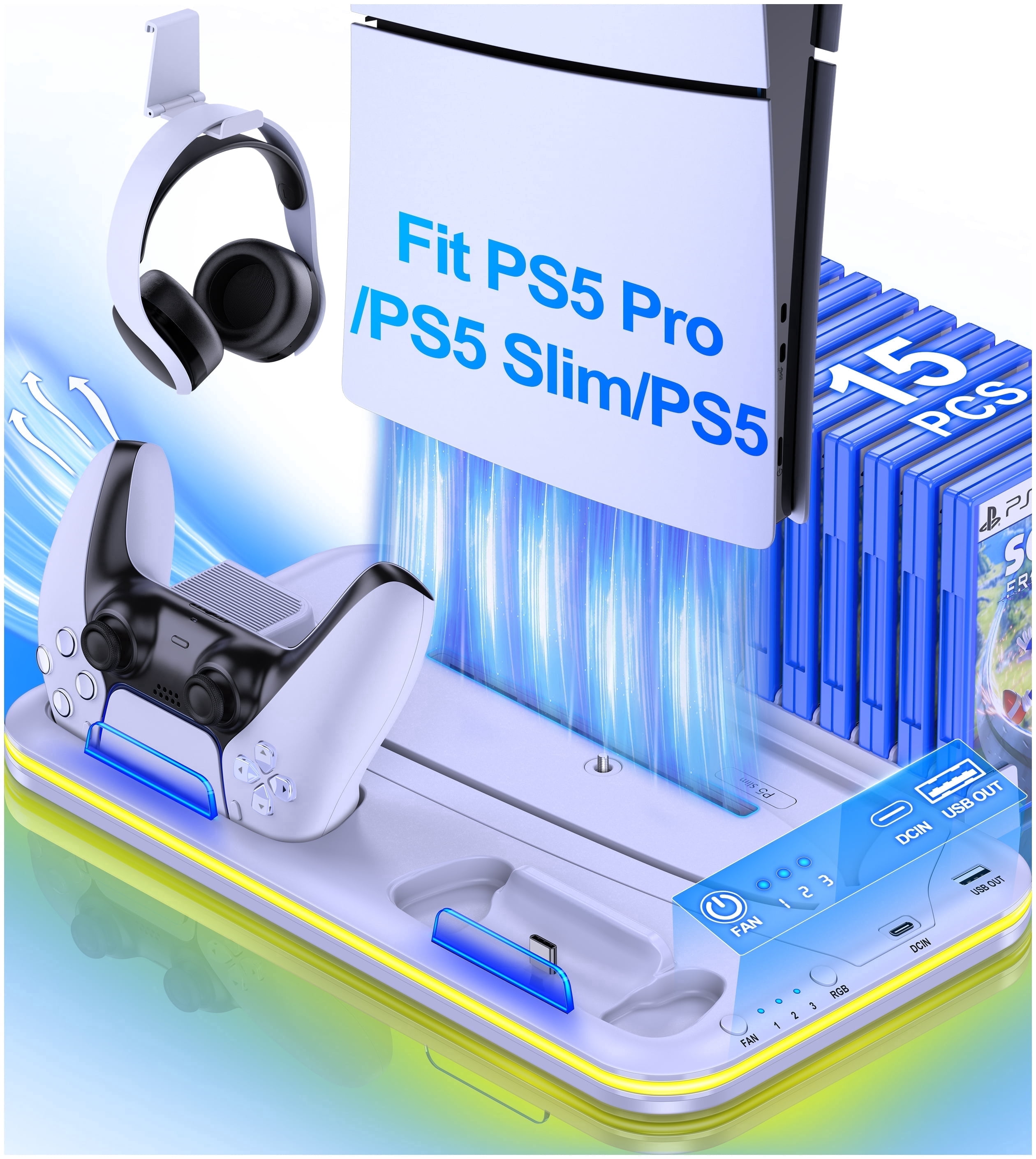 PS5 Stand with Cooling Station for PS5 Slim,QQV Dual Controller Charger for PS5 Digital & PS5 Disc Version,PS5 Accessories with RGB Light & Headset Holder