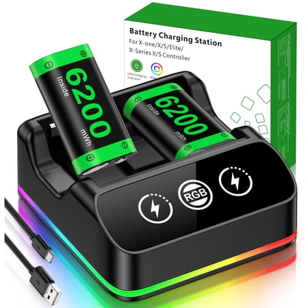 QQV RGB for Xbox Controller Charger Station with 2X6200mWh Rechargeable Battery Packs, Compatible with for Xbox One/Series X|S Controllers