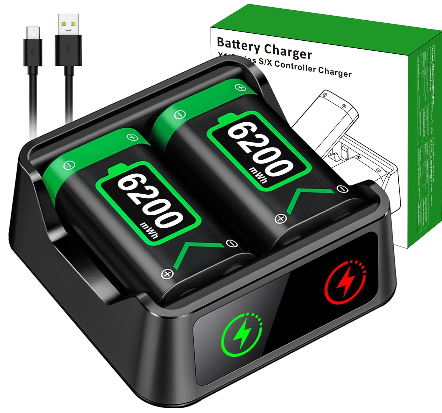 QQV Charger for Xbox Battery Pack, Xbox Controller Charging Station with 2X6200mWh Rechargeable Batteries Pack, Suitable for Xbox One, Series X|S, One S/X/Elite