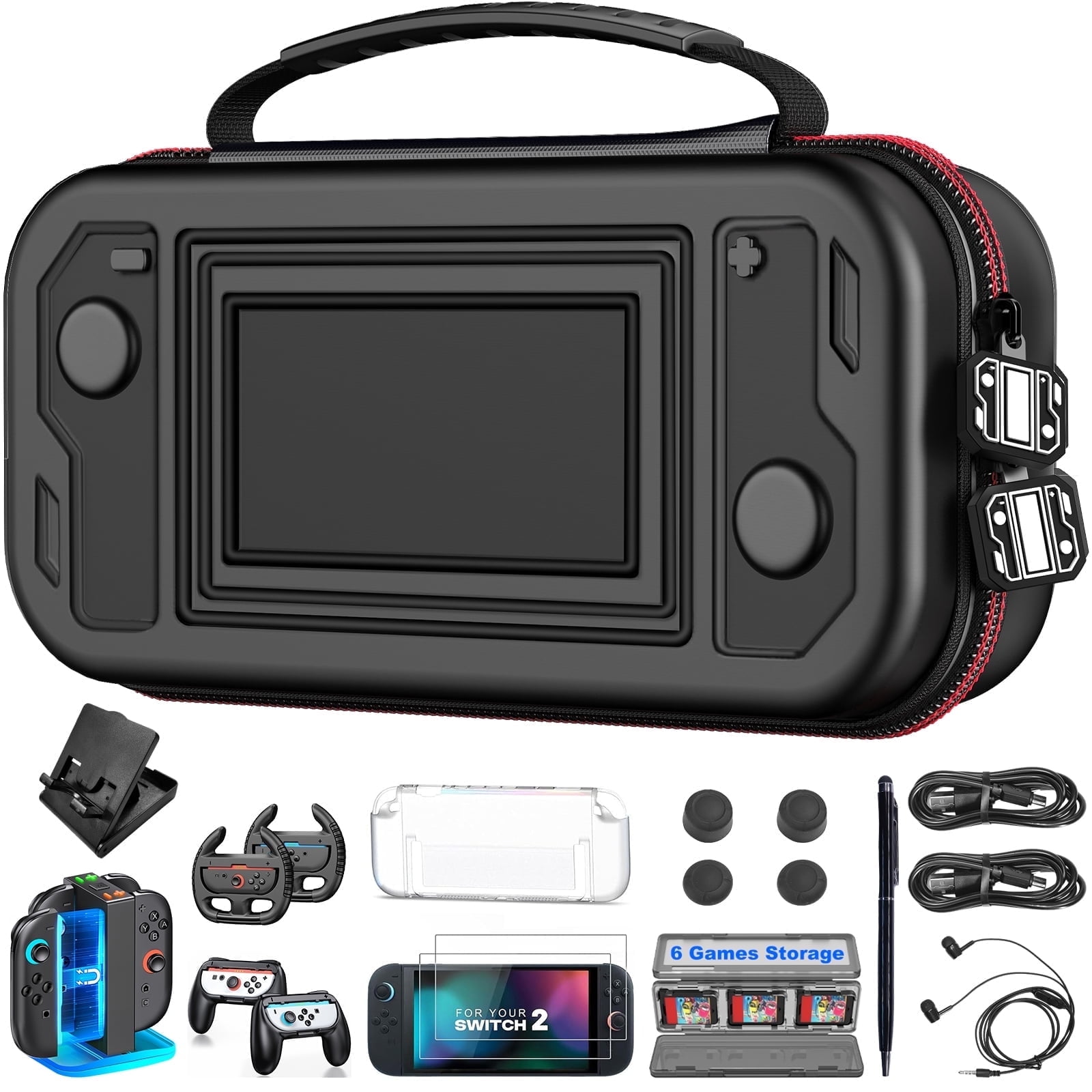 QQV Switch 2 Accessories Bundle for Nintendo, 18 in 1 Game Kit: Carrying Case, Two Screen Protector, Steering Wheel for Mario Kart, Grip forJoycon Controller Console Protective Cover