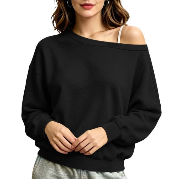 QQZ 2026 Fall Winter Plus Size Off Shoulder Sweatshirt for Women, Oversized Long Sleeve Solid Pullover, Comfort Hoodies for Women Without Hood