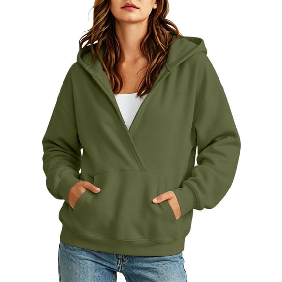 QQZ 2026 Fall Winter Wrap V Neck Pullover Hoodies For Women, Loose Sweatshirt For Women, Comfy Hoodies For Women With Kangaroo Pocket