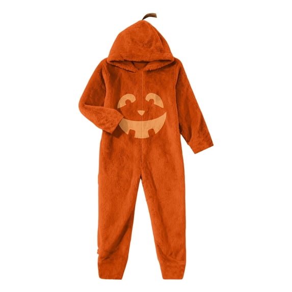 QQZ 2026 Fall Womens Plus Size Halloween Funny Pumpkin Face Flannel Hooded Jumpsuit, Loose Casual Loungewear For Holiday Cosplay