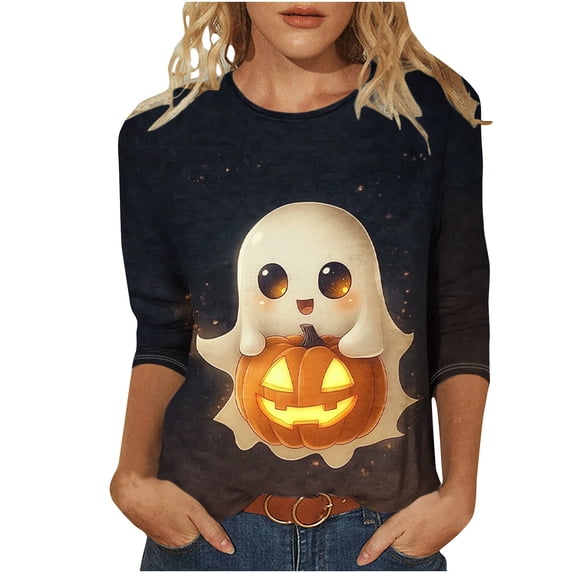 QQZ 2026 Fall Womens Plus Size Halloween Graphic Crew Neck 3/4 Sleeve Top, Loose Fit Casual Blouses For Daily And Holiday Occasions