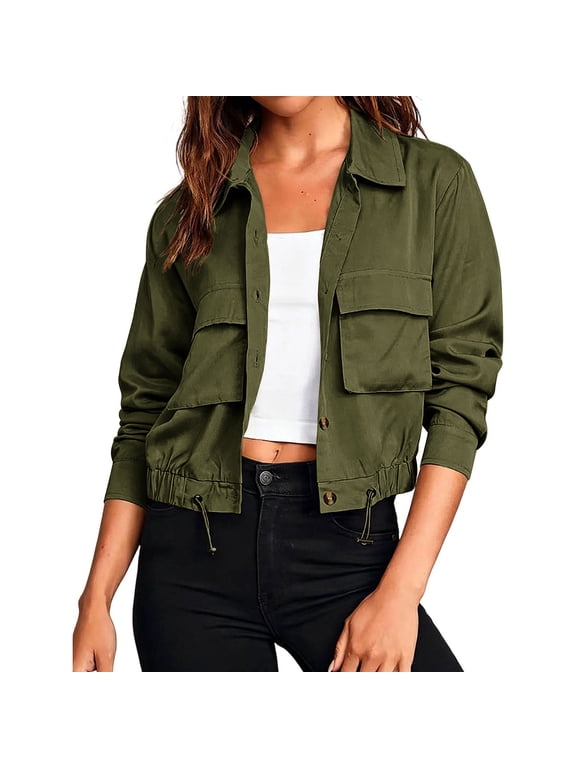 Button Down Jacket for Women Collared Long Sleeve Solid Slim Crop Trendy Casual Travel Beach Cardigan Coat Blouse Tops M