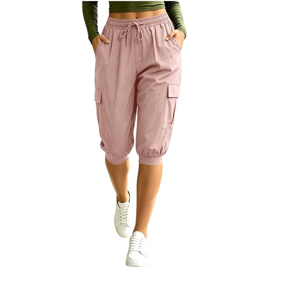 QQZ Cargo Capri Joggers Pants for Women, Drawstring Elastic Waist Cuffed Cropped Trousers with Cargo Pockets, Casual Bottoms for Hiking Yoga Travel Errands Daily Lounging