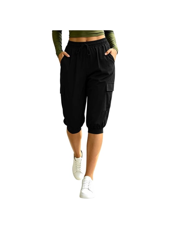 Cargo Capri Joggers Pants for Women, Drawstring Elastic Waist Cuffed Cropped Trousers with Cargo Pockets, Casual Bottoms for Hiking Yoga Travel Errands Daily Lounging