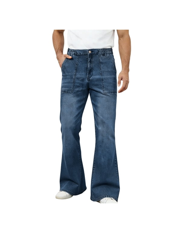 Flare Jeans Men, Partial Elastic Waist Patch Pocket Bell Bottom Denim Pants for Street Walk, Shopping and Casual Daily Wear