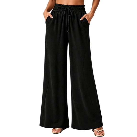 QQZ Flowy Palazzo Wide Leg Pants For Women, Elastic Waist Drawstring Casual Joggers, Daily Lounging Beach Vacation Outfits