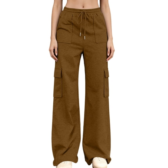QQZ Flowy Wide Leg Cargo Joggers Pants For Women, Elastic Waist Drawstring Casual Track Pants, Daily Lounging Weekend Travel Outfits