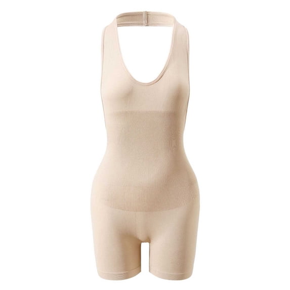 QQZ Halter Open Back Shapewear Bodysuit For Women, Ribbed Tummy Control Butt Lifter Mid Thigh Shaper For Backless Outfits Daily Wear