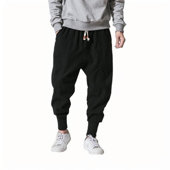QQZ Harem Jogger Pants For Men, Drawstring Elastic Waist Solid Cotton Tapered Trousers For Outdoor Hiking Daily Street Wear