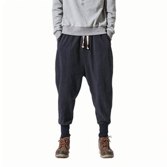 QQZ Harem Jogger Pants For Men, Drawstring Elastic Waist Solid Cotton Tapered Trousers For Outdoor Hiking Daily Street Wear