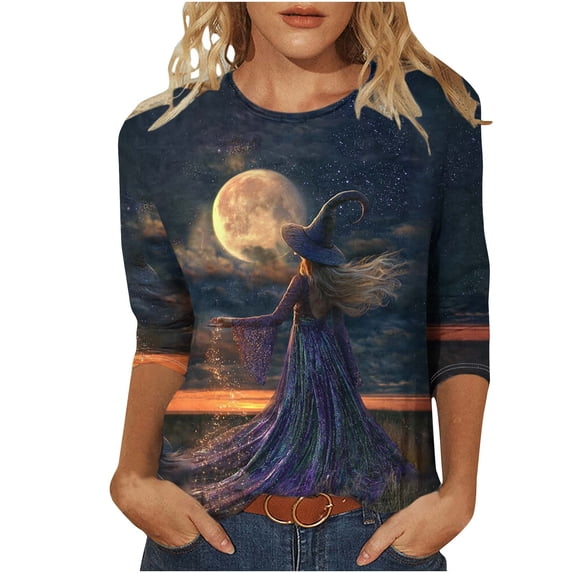 QQZ Loose Fit 3/4 Sleeve Crew Neck Halloween T Shirts For Women, Witch Haunted House Bat Moon Graphic Womens Halloween Shirts For Halloween Parties Pumpkin Patch Daily Casual Outings