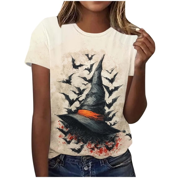 QQZ Loose Fit Short Sleeve Halloween T Shirts For Women, Witch Ghost Pumpkin Bat Haunted House Graphic Womens Halloween Shirts For Pumpkin Patch Trick Or Treat Halloween Casual Outings