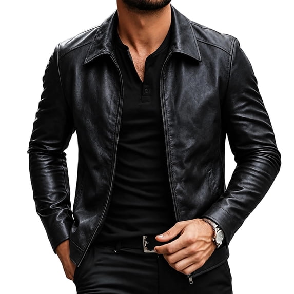 QQZ Men's Solid PU Leather Motorcycle Jacket, Zip‑Up Lapel Collar Long Sleeve Outerwear With Side Pockets For Outdoor Daily Casual Wear
