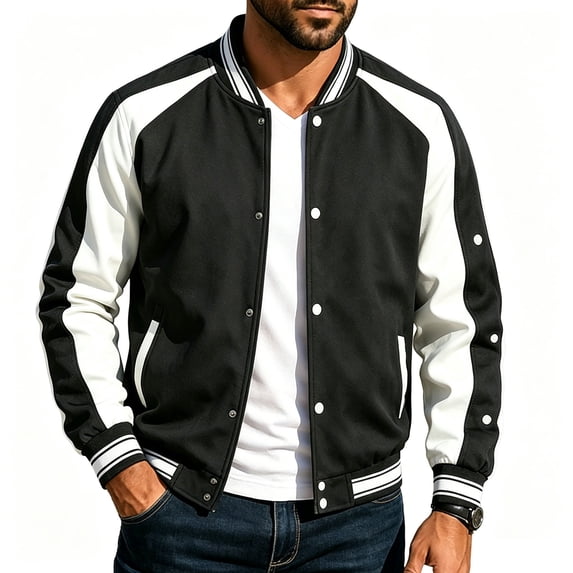 QQZ Mens Color‑Block Varsity Baseball Jacket, Button‑Front Long‑Sleeve Casual Outerwear With Ribbed Trim Pockets, Windproof Coat For Daily Travel Sports Mountaineering Cycling Street Wear
